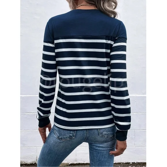 Striped Button Detail Round Neck Long Sleeve Navy Blue Tee Shirt - Picture 3 of 8